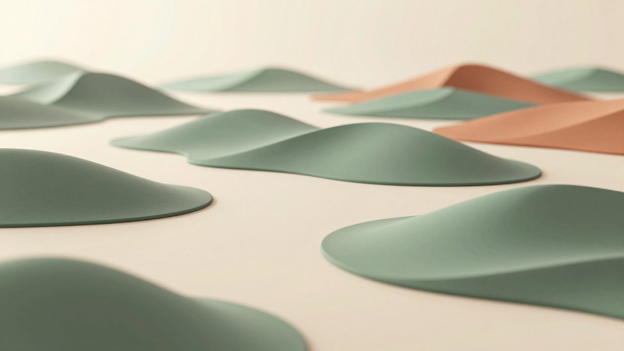 Soft illustration of smooth sage contour ridges on warm cream, representing a calmer way to run a community