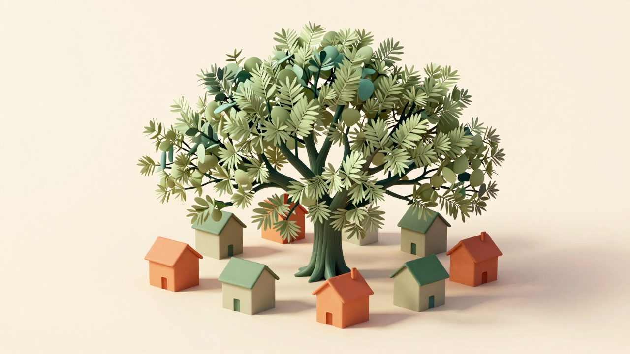 Soft illustration of sage-green light spreading like a tree canopy over small house forms, representing a connected community