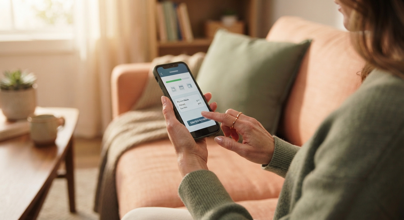 Resident paying a maintenance fee on a smartphone app while relaxing at home