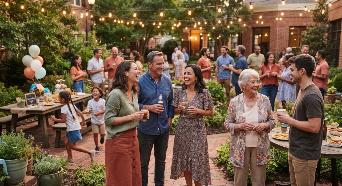 Neighbours of mixed ages gathering at a community event in a landscaped courtyard with string lights