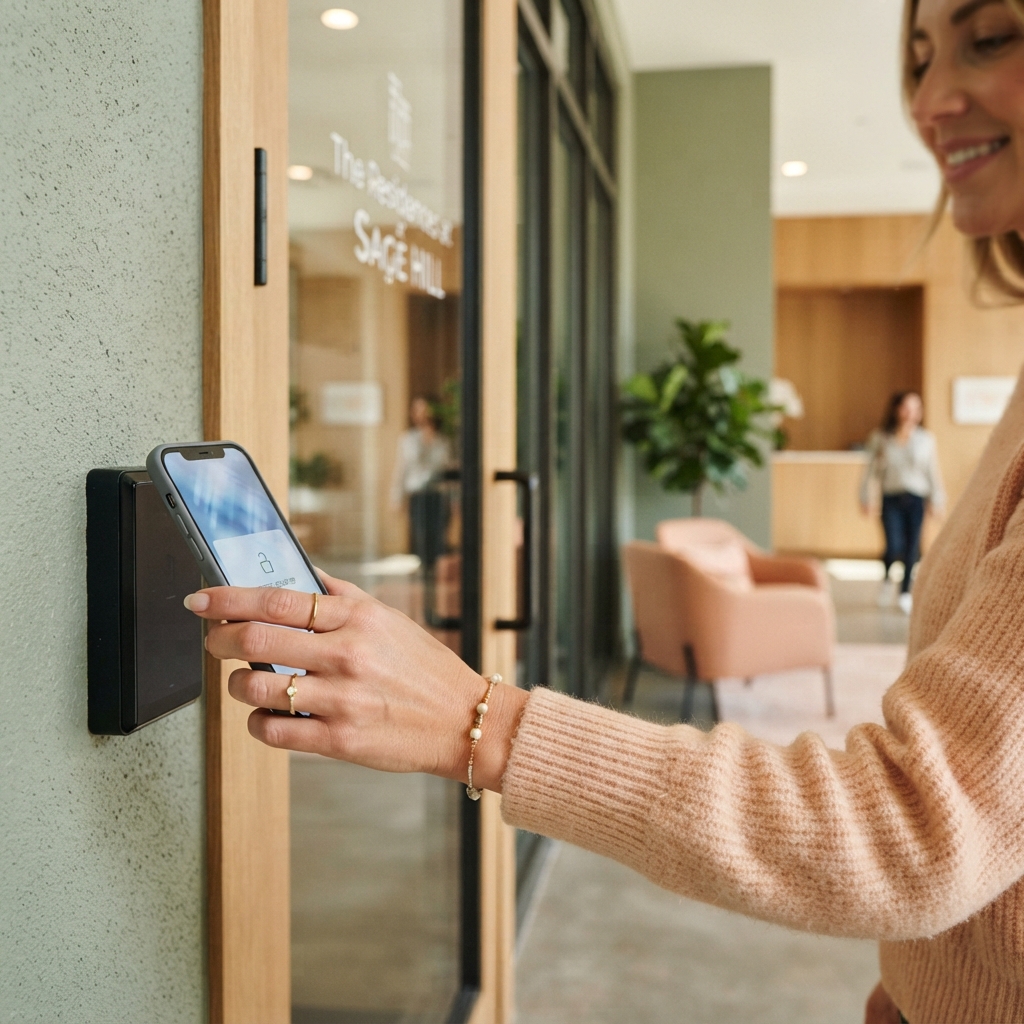 Resident tapping a smartphone to unlock a condo lobby entrance
