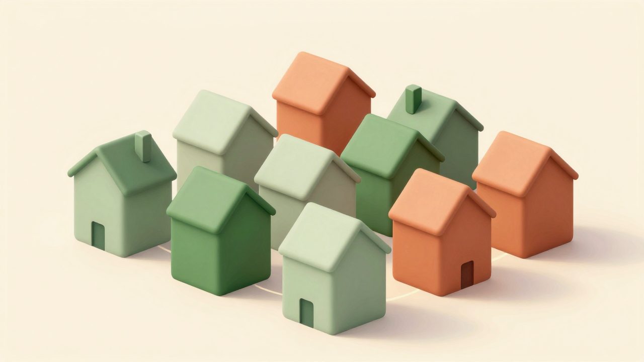 Soft illustration of small rounded house forms grouped together and linked by faint light, representing every household on the platform