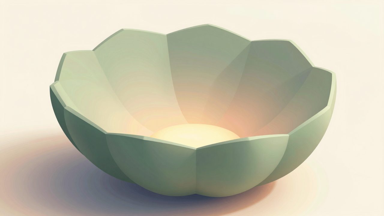 Soft illustration of matte sage panels gently enclosing a warm glowing core, representing data handled with care